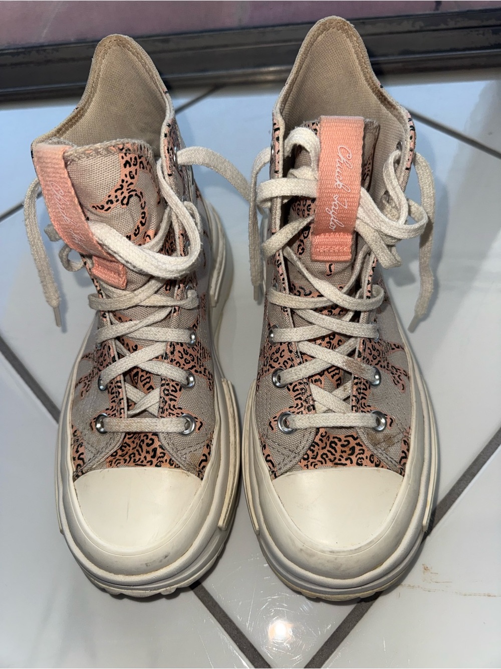 Converse Women's High Top Platform Sneakers in Beige with Pink Leopard - Picture 2 of 4